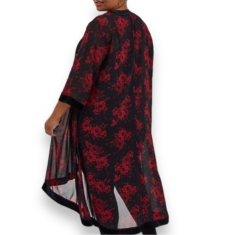 Black Red Rose Floral Sheer Velvet Trim Mid Length Kimono Duster NEW